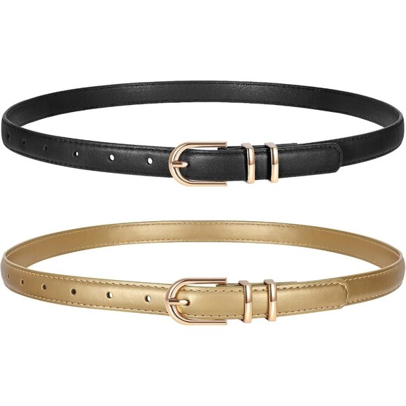 2 Pack Women\'s Skinny Leather Belts Black Gold Thin Faux with Gold Buckle